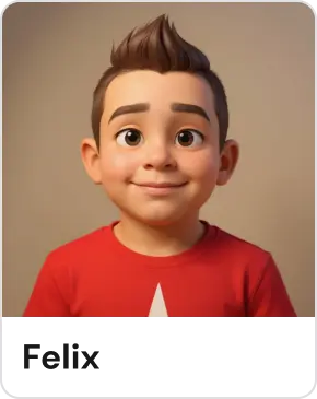 3D animated boy with styled brown hair and red shirt smiling against a plain background.