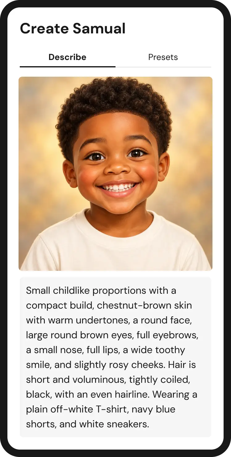Young boy with small childlike proportions and chestnut-brown skin with warm undertones, round face, large round brown eyes, full eyebrows, small nose, full lips, wide toothy smile, and slightly rosy cheeks. His hair is short, voluminous, tightly coiled black with an even hairline. He wears a plain off-white T-shirt.