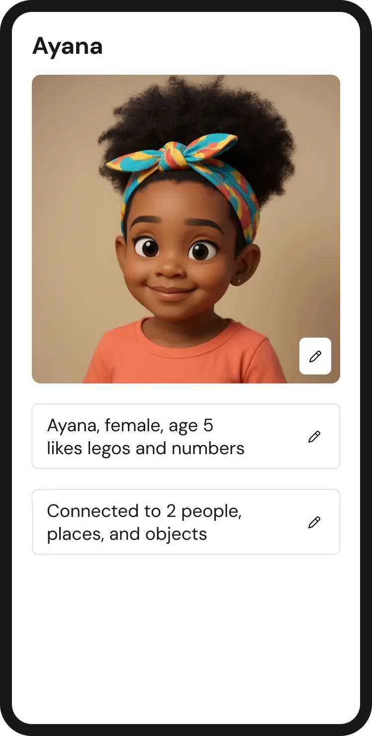 Profile card of a young girl named Ayana with dark curly hair tied with a colorful headband, wearing an orange shirt, and smiling. Text below describes her as female, age 5, who likes legos and numbers, and is connected to 2 people, places, and objects.