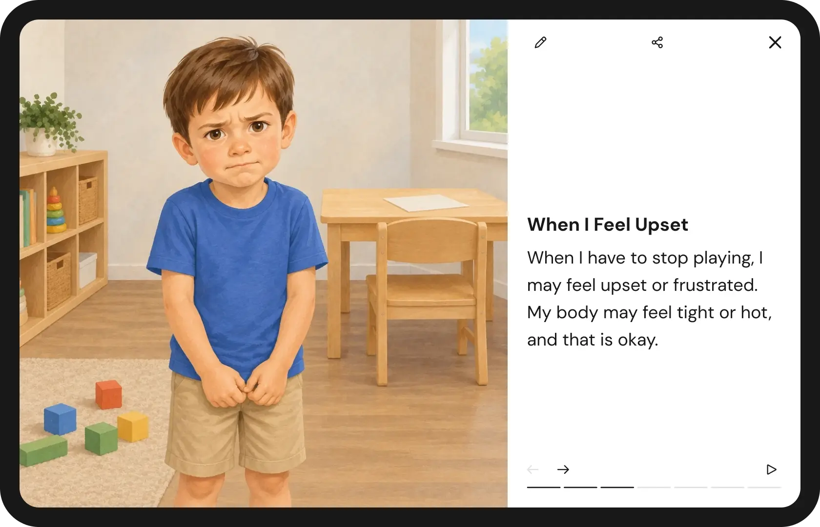 Illustration of a young boy wearing a blue t-shirt and beige shorts standing in a room with wooden furniture and toys, looking upset with a furrowed brow and clenched hands. Text beside him reads: 'When I Feel Upset - When I have to stop playing, I may feel upset or frustrated. My body may feel tight or hot, and that is okay.'