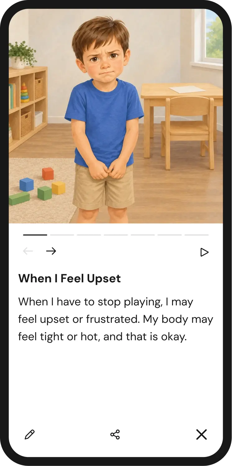 A young boy wearing a blue t-shirt and beige shorts stands in a room with wooden toys and furniture, looking upset with a furrowed brow and clenched hands. Below him, text reads: When I Feel Upset. When I have to stop playing, I may feel upset or frustrated. My body may feel tight or hot, and that is okay.