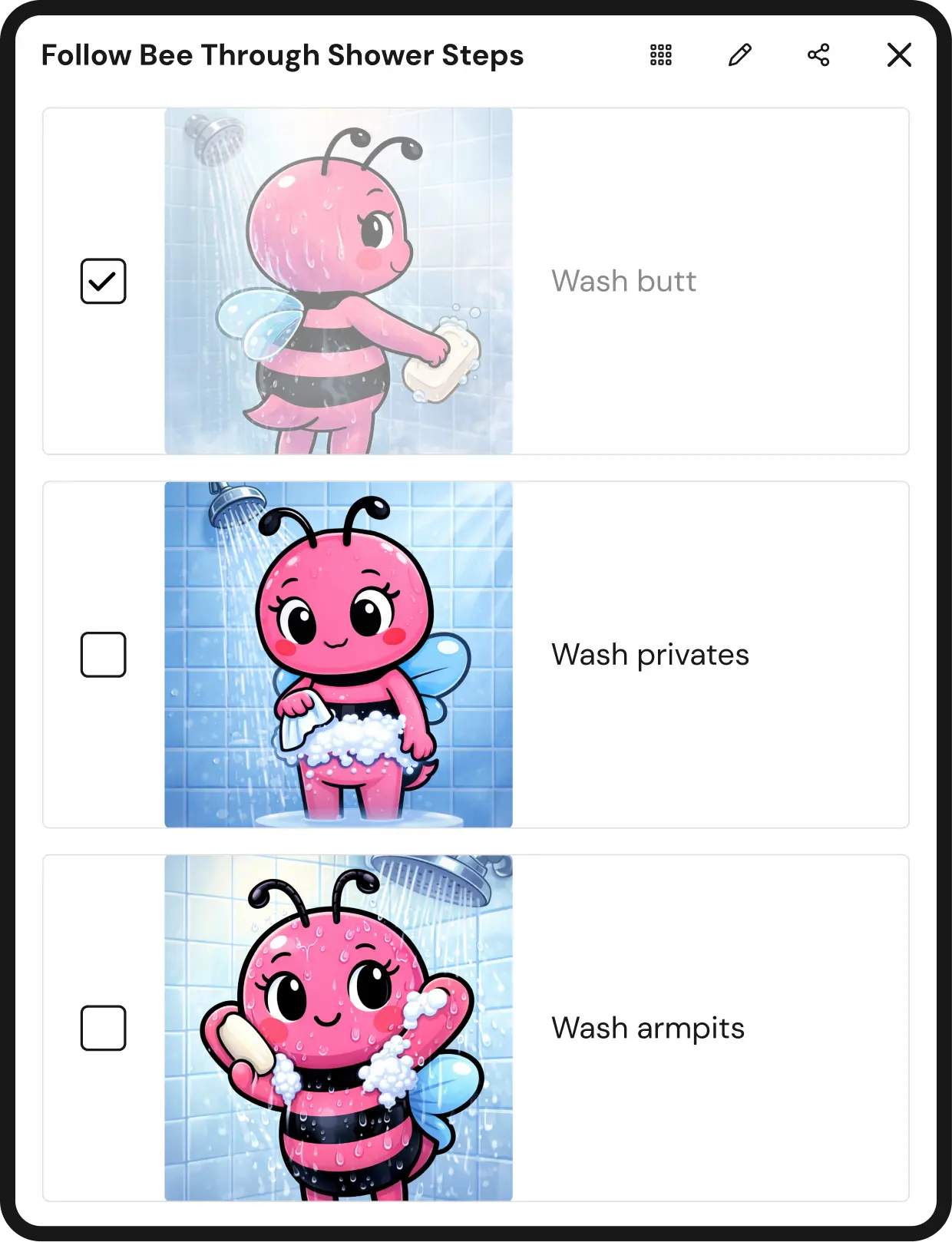 Illustration of a pink cartoon bee in a shower with three steps for washing: washing the butt with a soapy bar, washing privates with foam, and washing armpits with a soapy bar, with the first step checked.