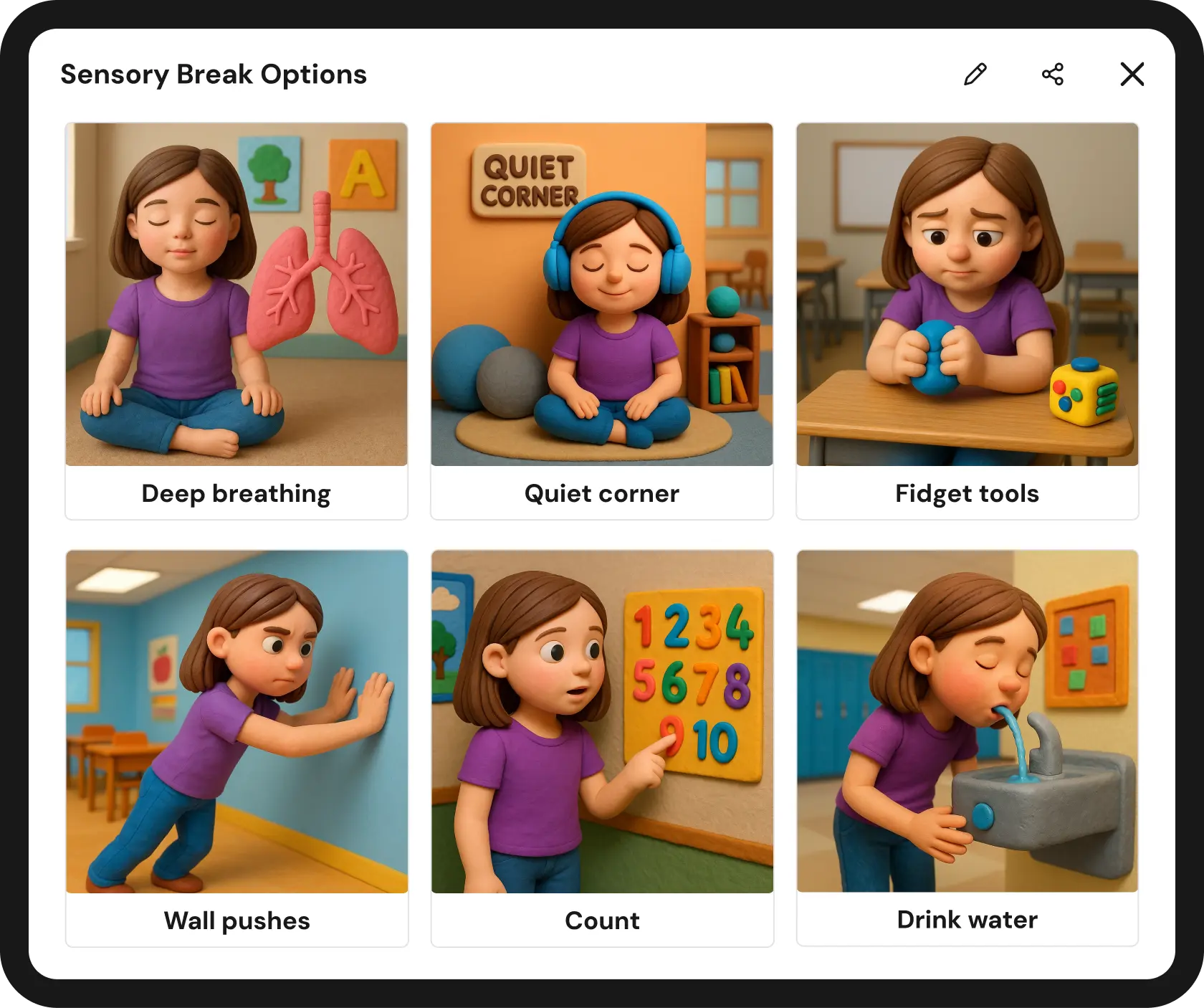 Six-panel image showing sensory break options with a girl illustrating each: deep breathing with a lung illustration, sitting in a quiet corner with headphones, using fidget tools at a desk, doing wall pushes in a classroom, counting colorful numbers on a wall, and drinking water from a fountain.