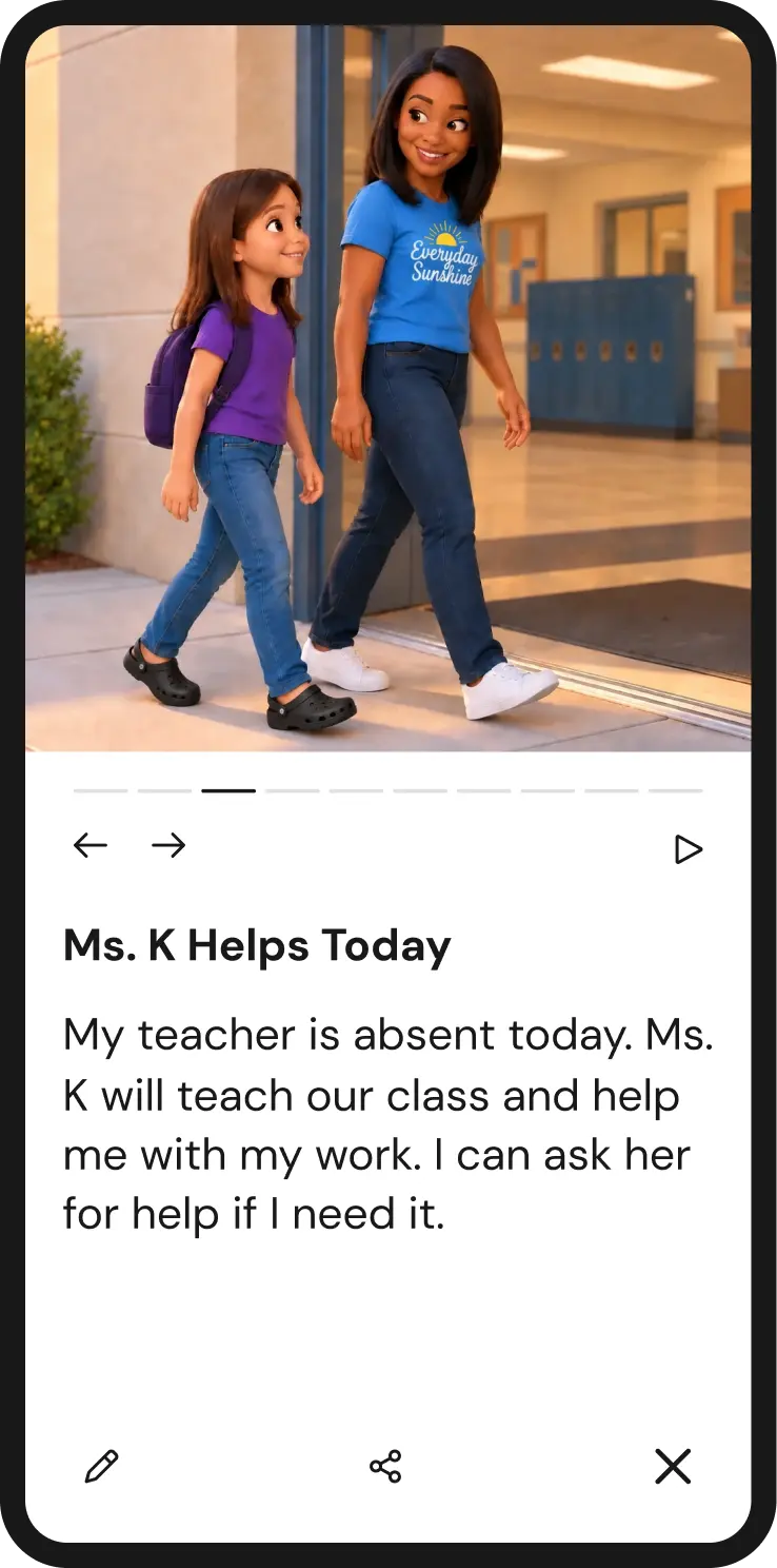 An illustrated school scene shows a young girl with a purple backpack walking beside Ms. K, a smiling teacher in a blue “Everyday Sunshine” shirt. Below, a story card titled “Ms. K Helps Today” explains that Ms. K will teach the class while the girl’s teacher is absent and help with her work. The card includes navigation, play, edit, share, and close icons.