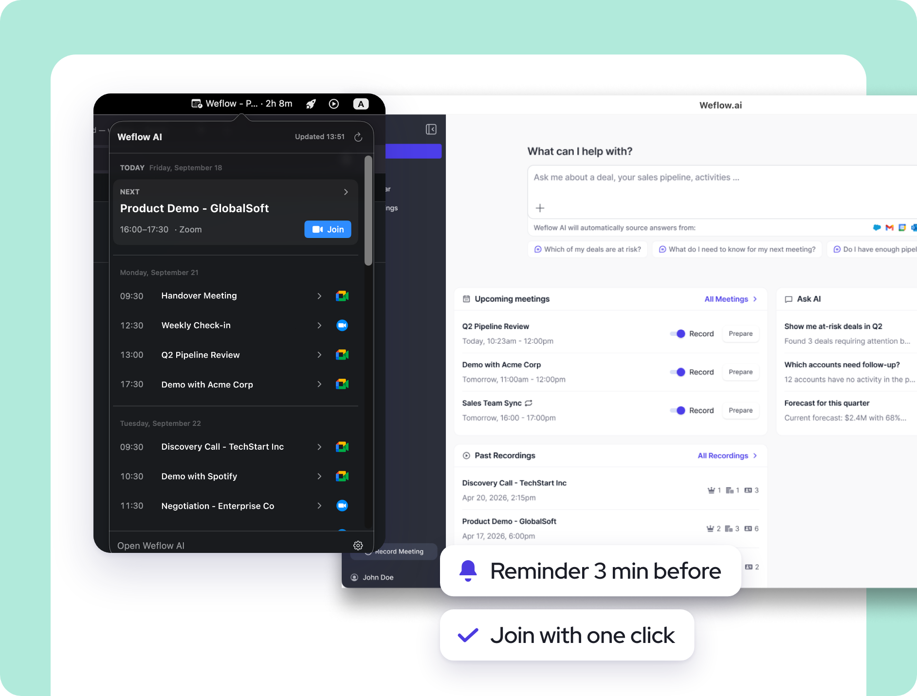 The Weflow desktop app menu bar on macOS listing the next meeting with a join button and the coming days' meetings, with reminders