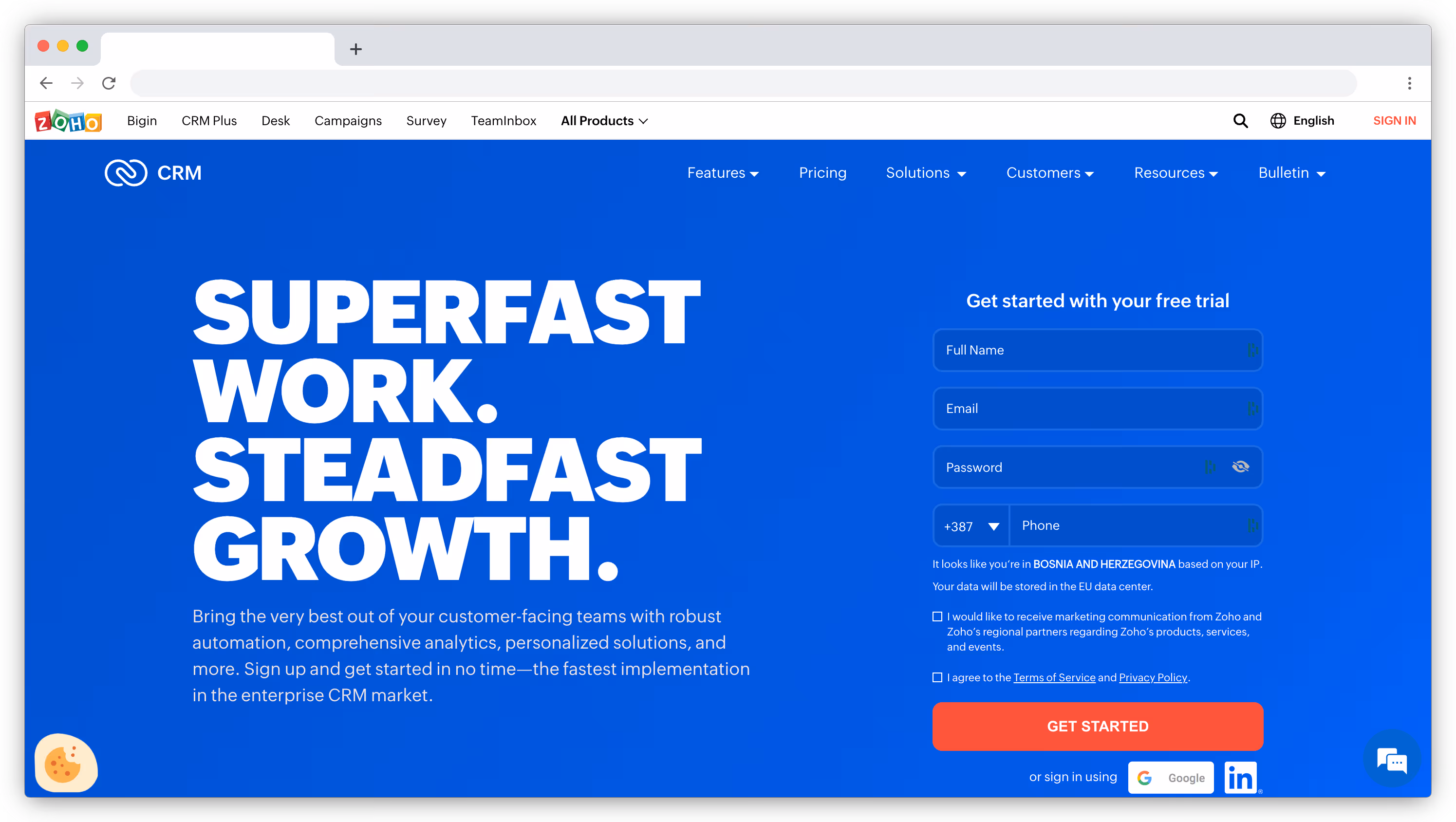 Zoho CRM homepage screenshot