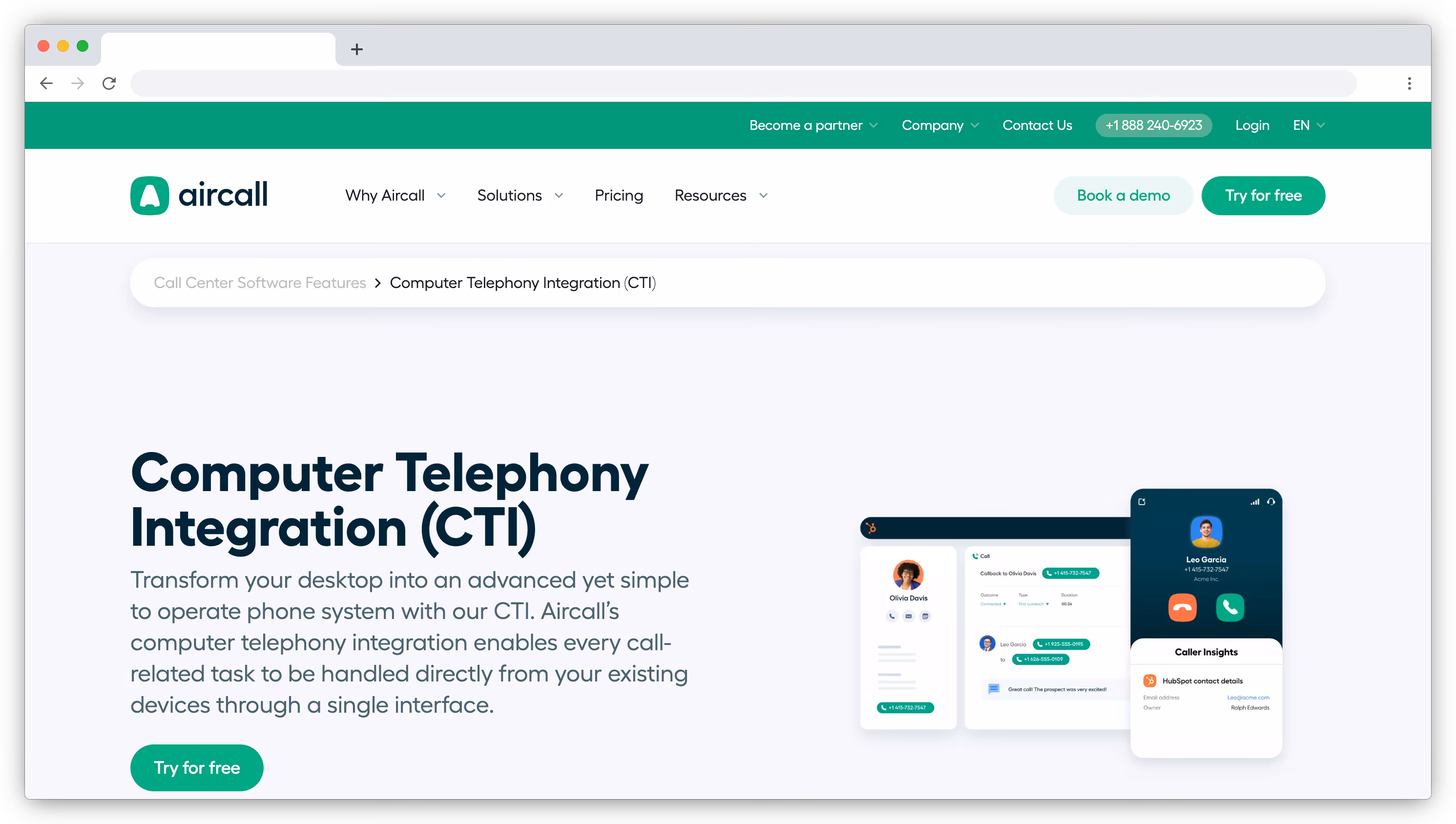 Aircall CTI landing page screenshot