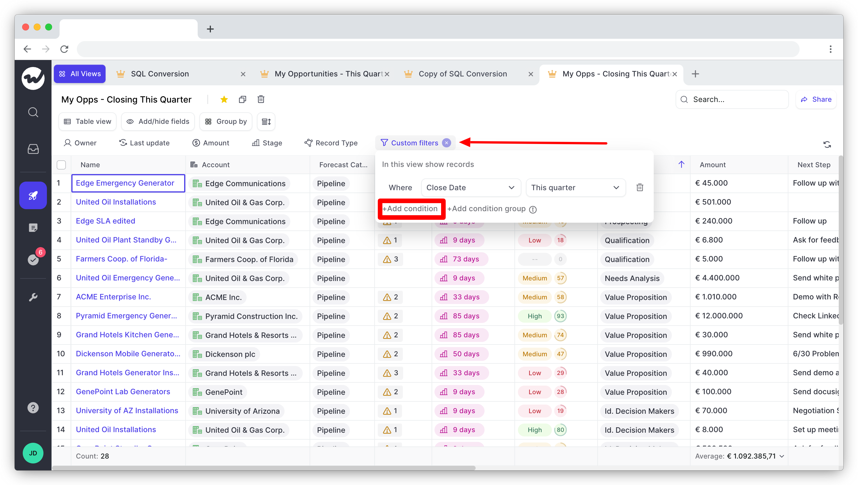 Using filters for a pipeline view in Weflow