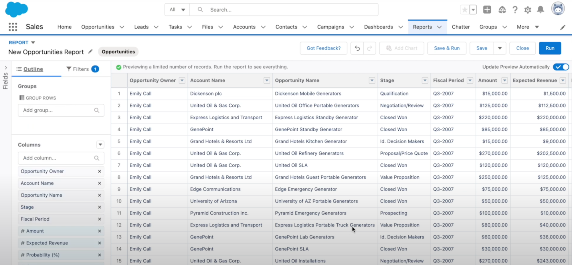 A tabular report in Salesforce