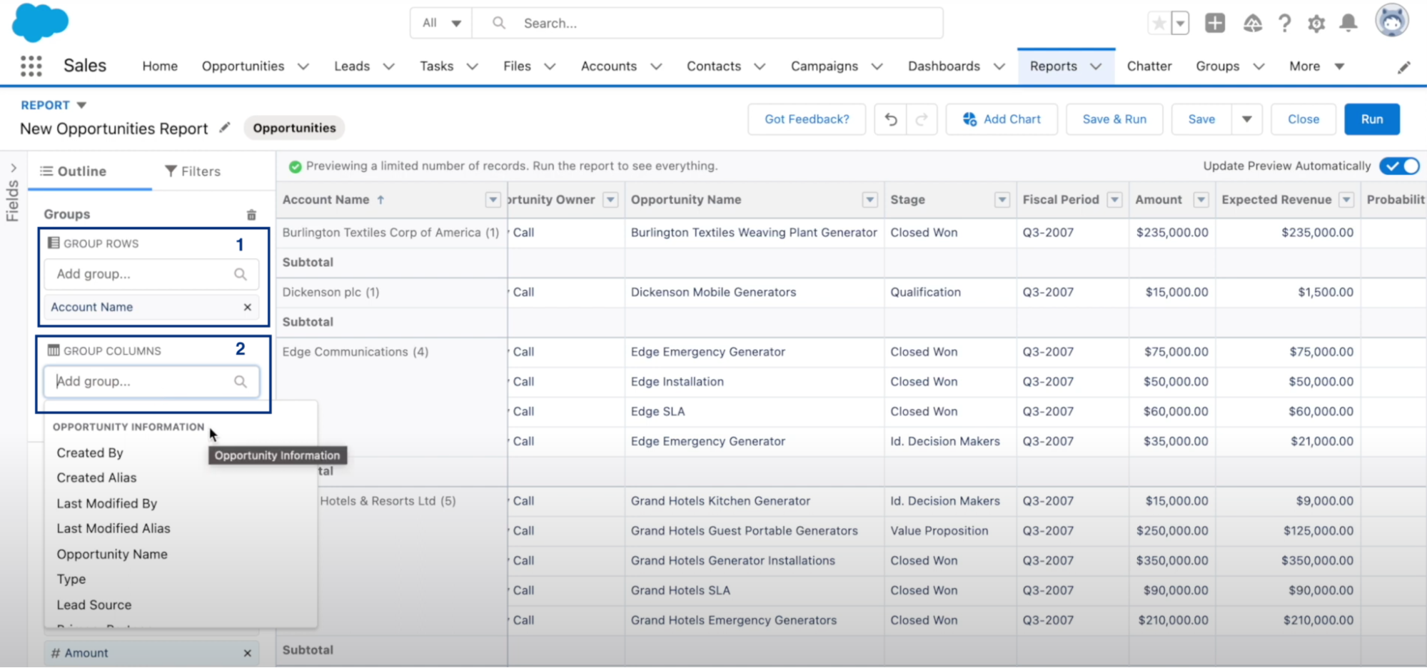 Grouping rows and columns for a matrix report in Salesforce