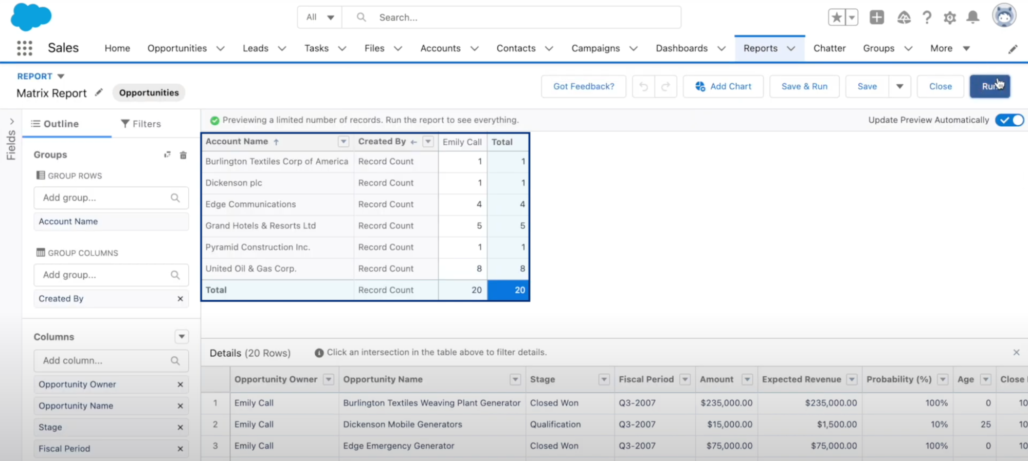 A matrix report in Salesforce