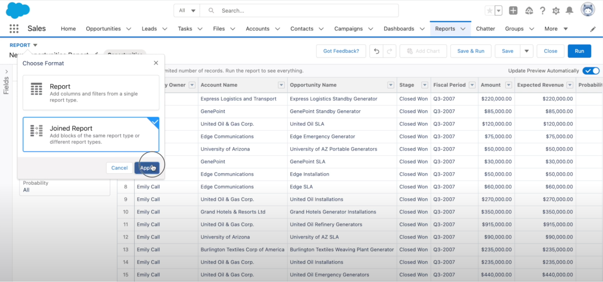 Creating a joined report in Salesforce