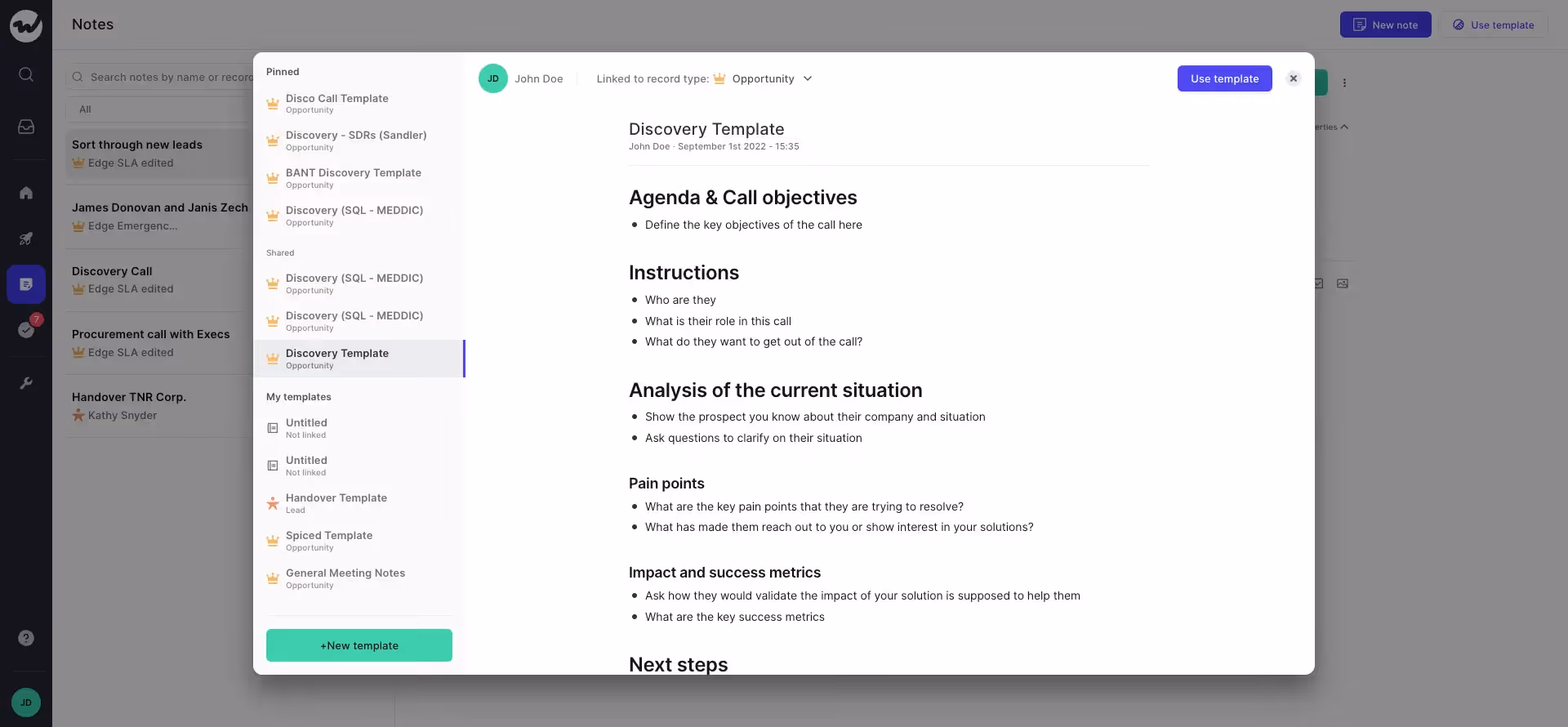Discovery note template in Weflow