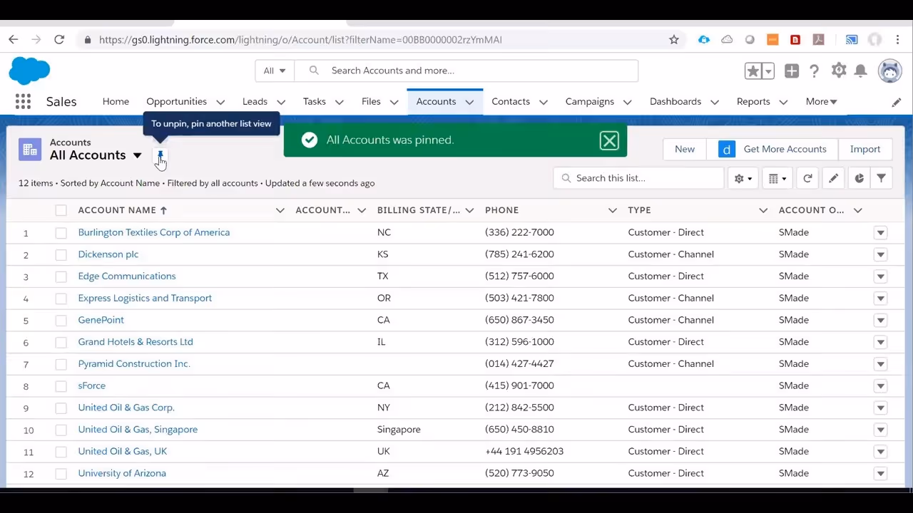 Pinning a Salesforce list view