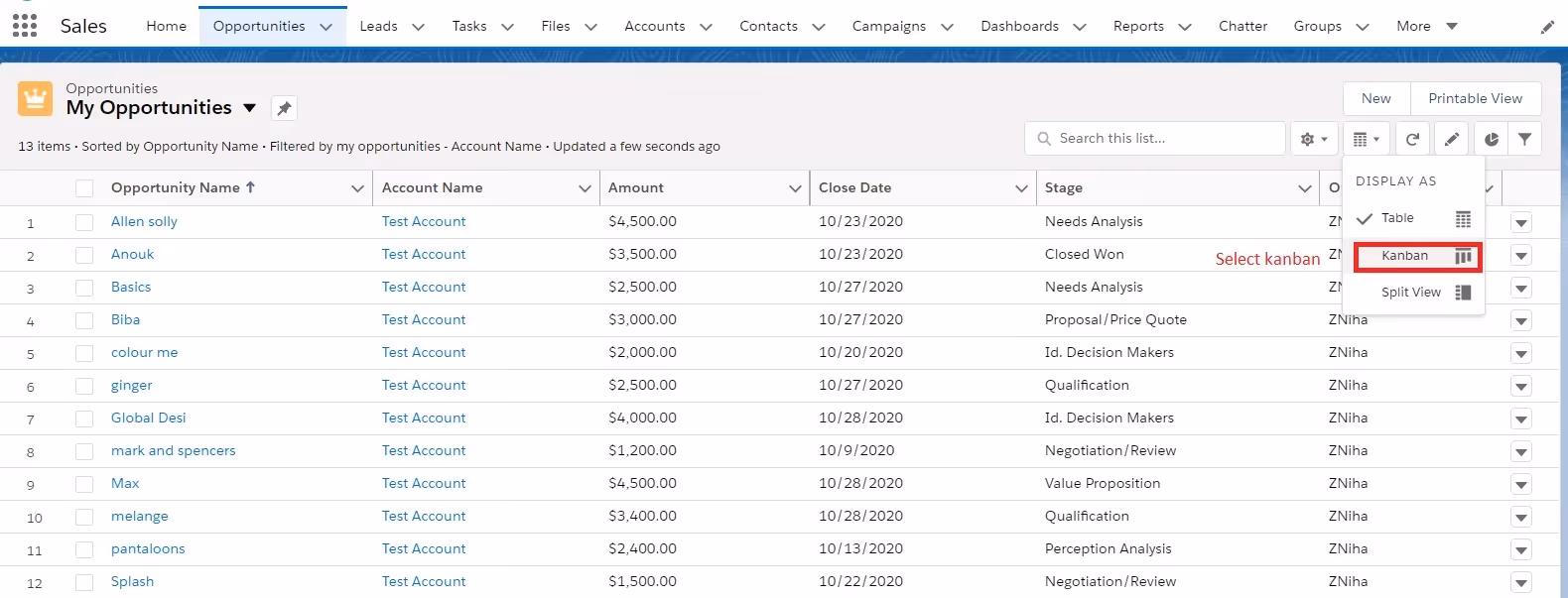 Setting up a Salesforce Kanban view