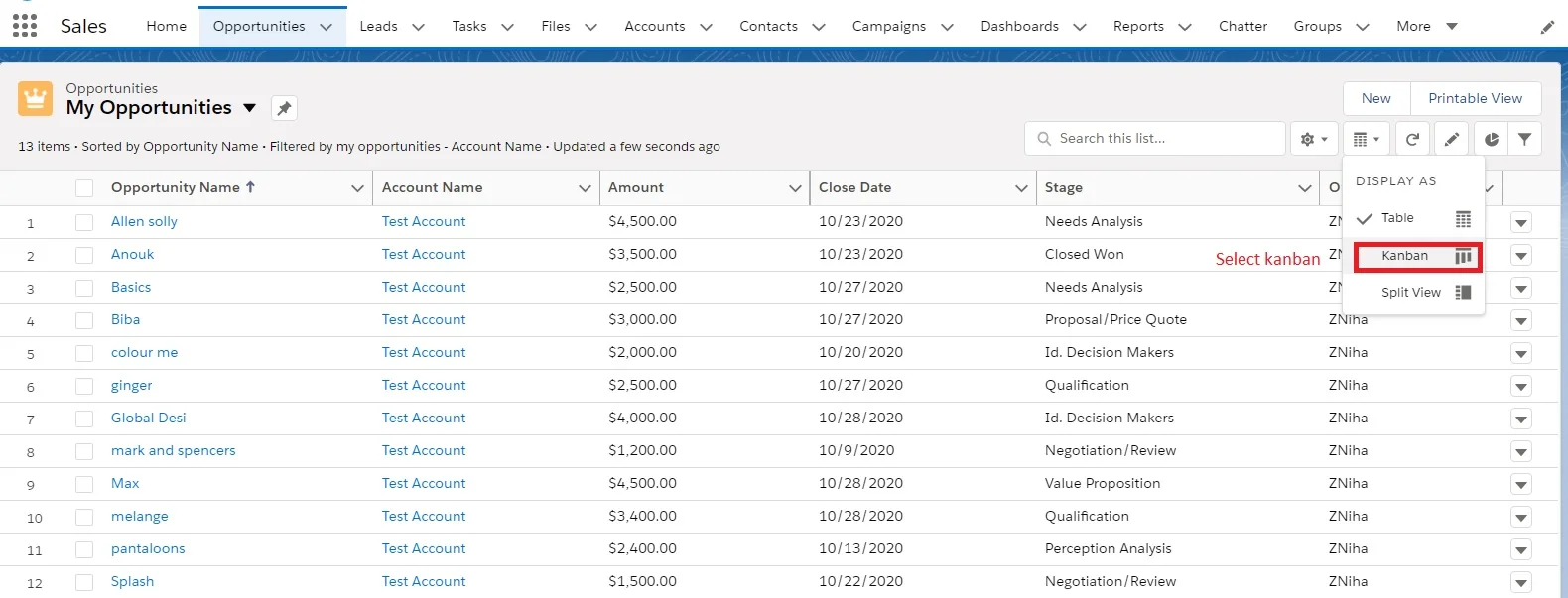 Setting up a Salesforce Kanban view