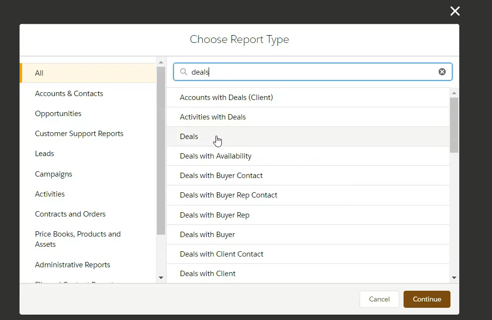 Choosing a report type in Salesforce