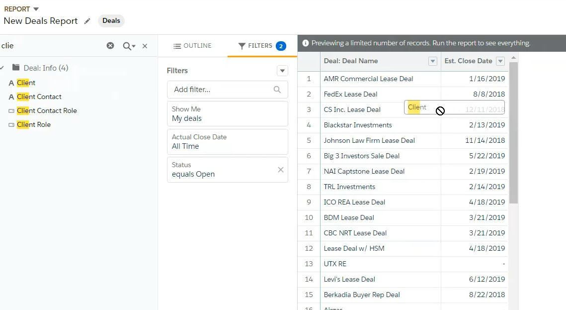 Drag and drop fields into Salesforce report