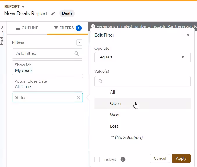 Won deals filter in Salesforce reports