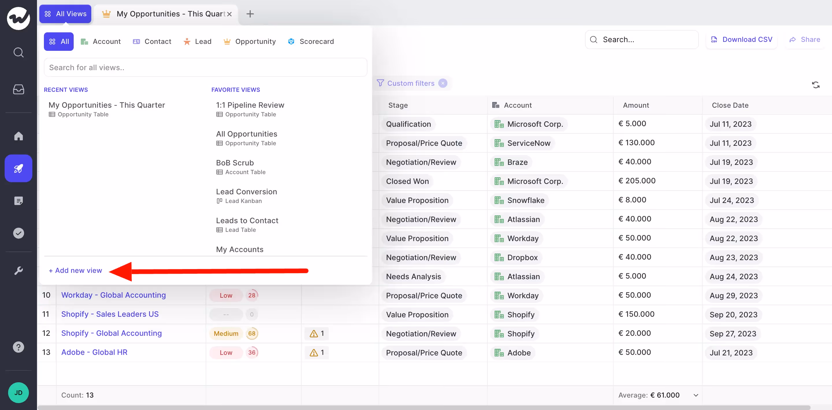 Adding a new pipeline view in Weflow