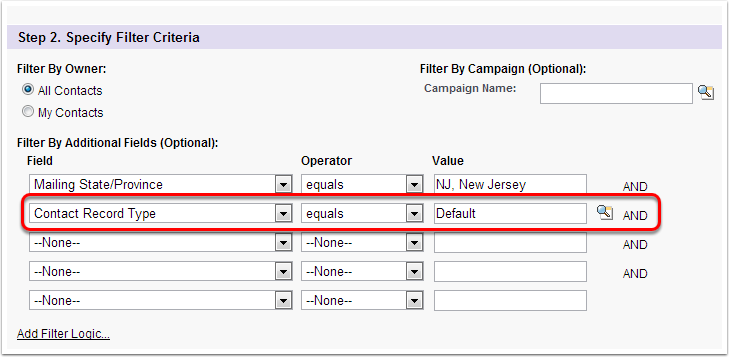 Specifying filter criteria in Salesforce