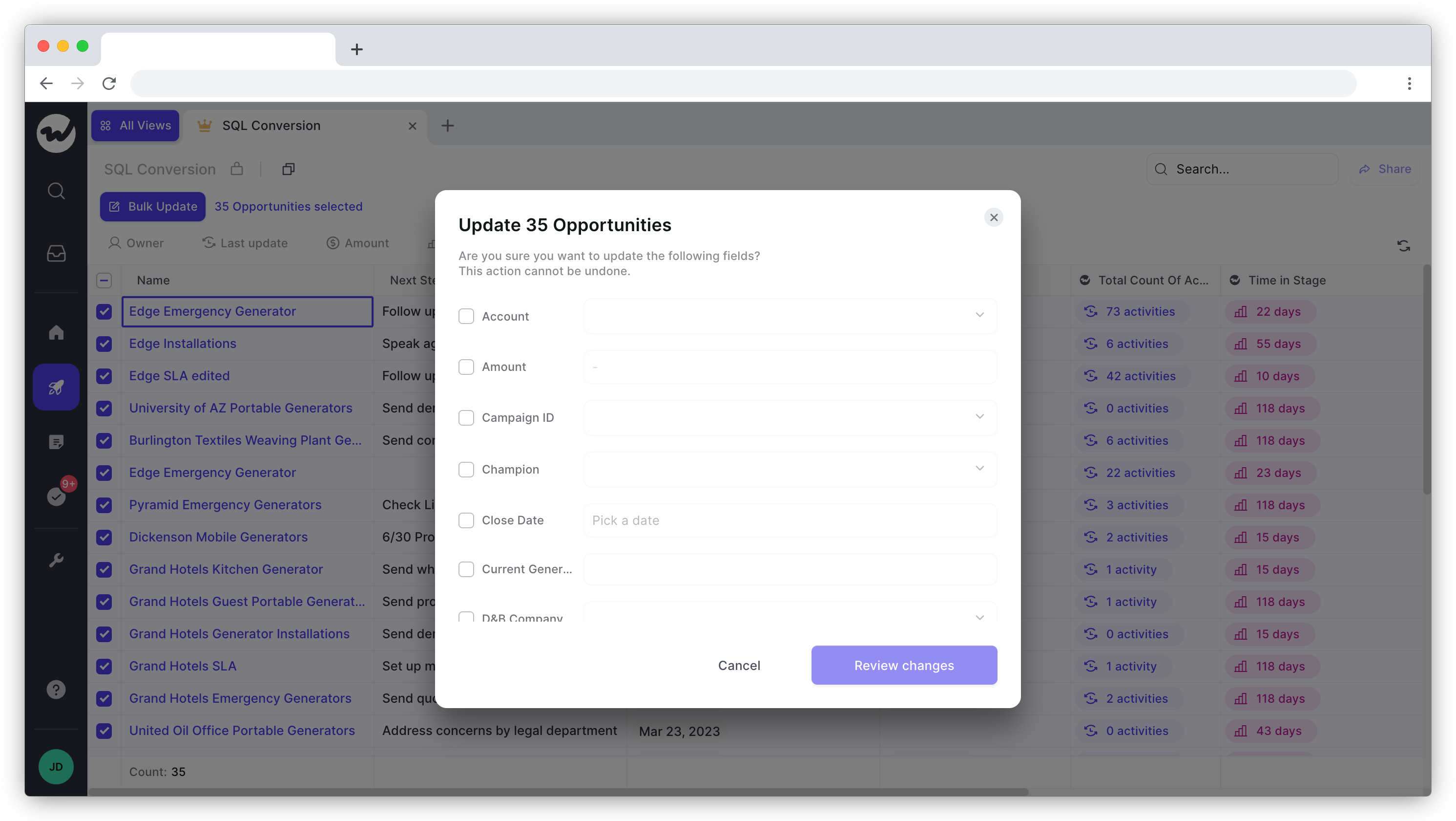 Selecting fields to bulk update in Weflow