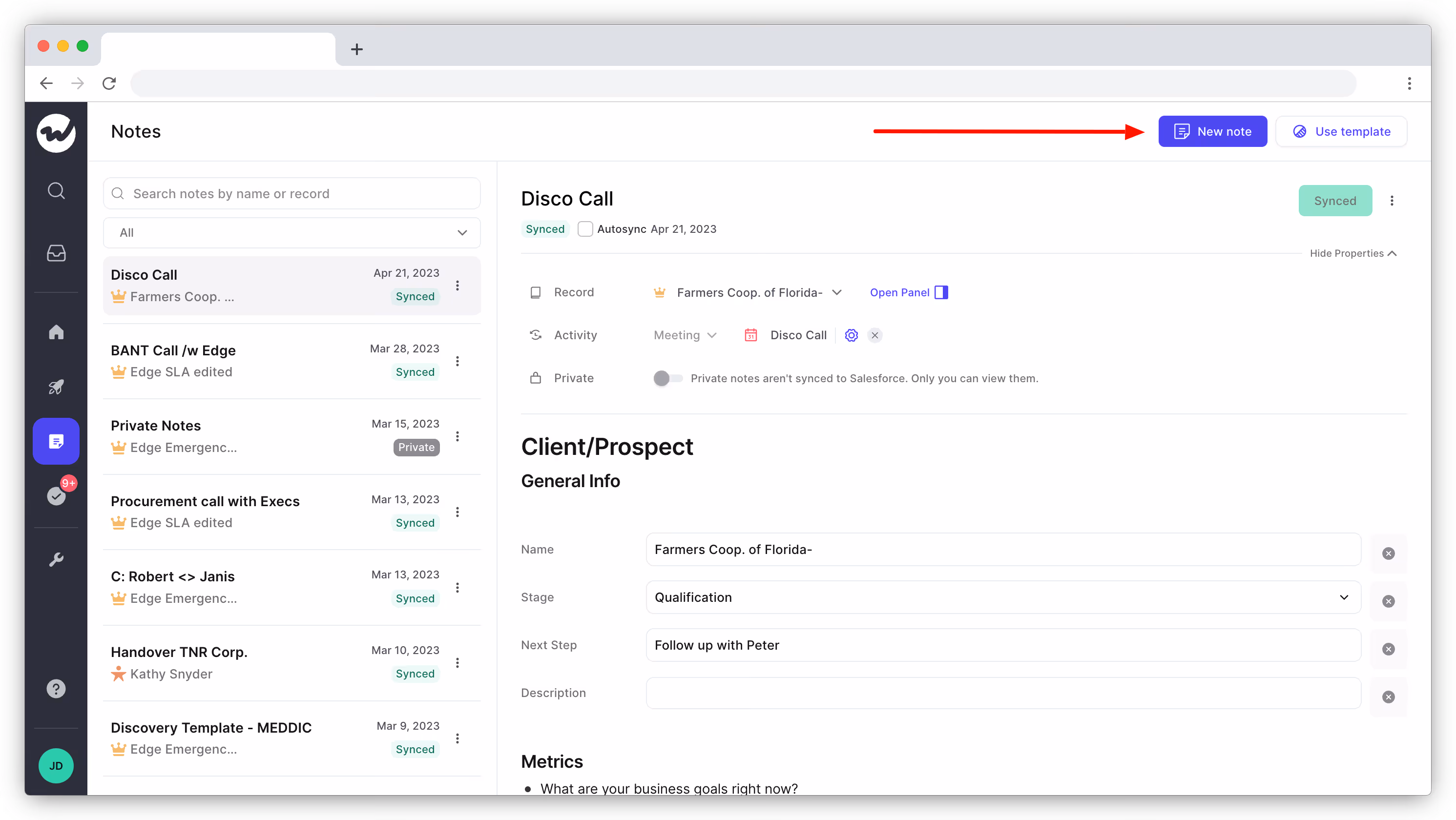 Adding a new note in Weflow