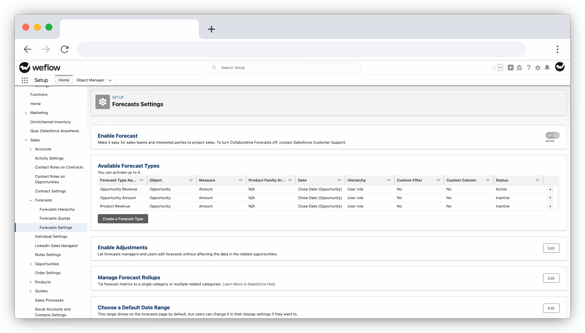 Salesforce forecast settings
