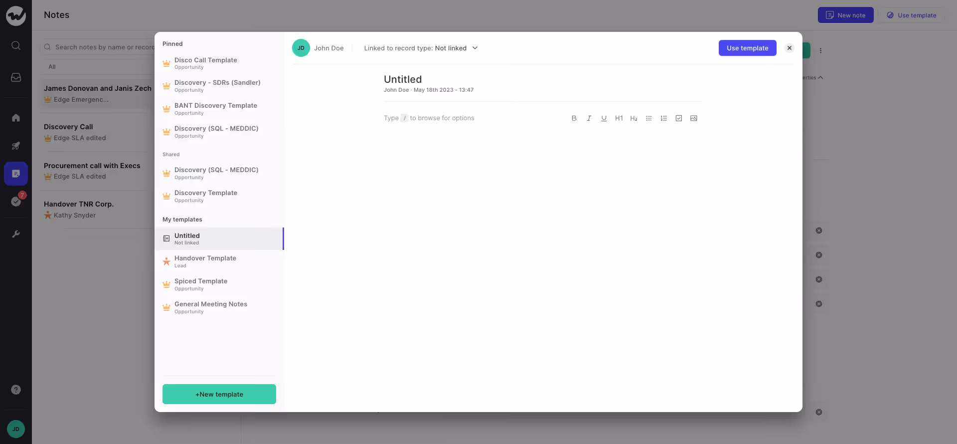 Creating a new note template in Weflow