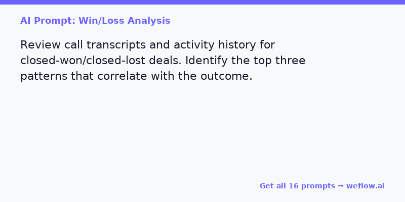 AI Prompt Card: Win/Loss Analysis — Review call transcripts and activity history for closed deals, identify top three patterns that correlate with the outcome