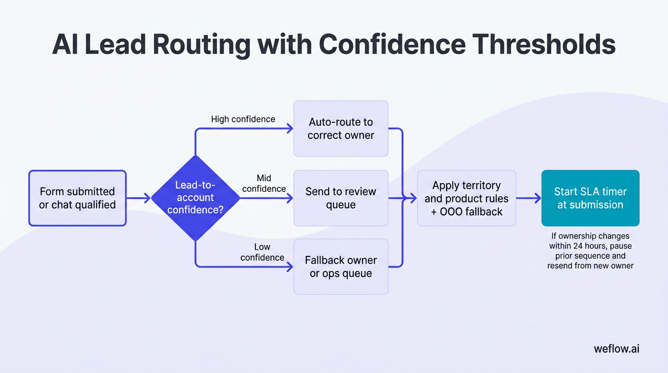 A decision-flow diagram showing the routing logic described in the bullet list. The flow starts at lead submission or qualified chat, then moves throu