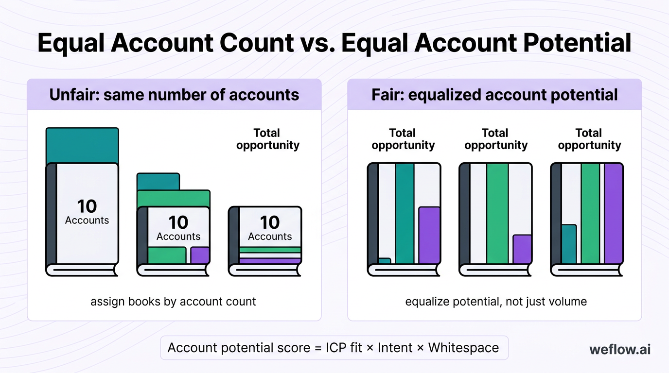 A side-by-side visual contrasting the draft’s core idea: on the left, an unfair territory assignment based on equal account count; on the right, a fai