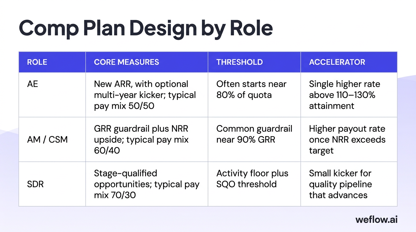 A designed matrix based on the compensation table in this section, with four columns: Role, Core measures, Threshold, Accelerator. Include the three e