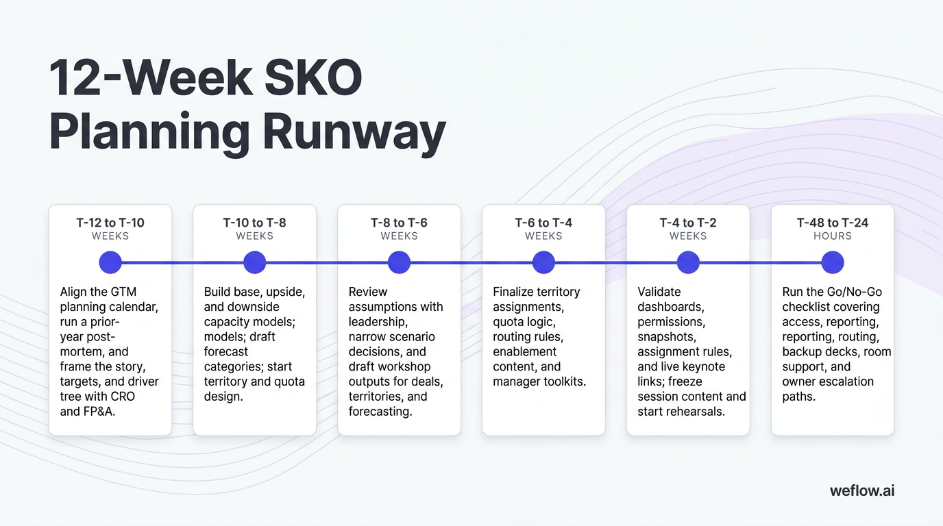 A horizontal timeline framework showing the 12-week pre-SKO runway from the numbered list: T-12 to T-10 weeks, T-10 to T-8 weeks, T-8 to T-6 weeks, T-