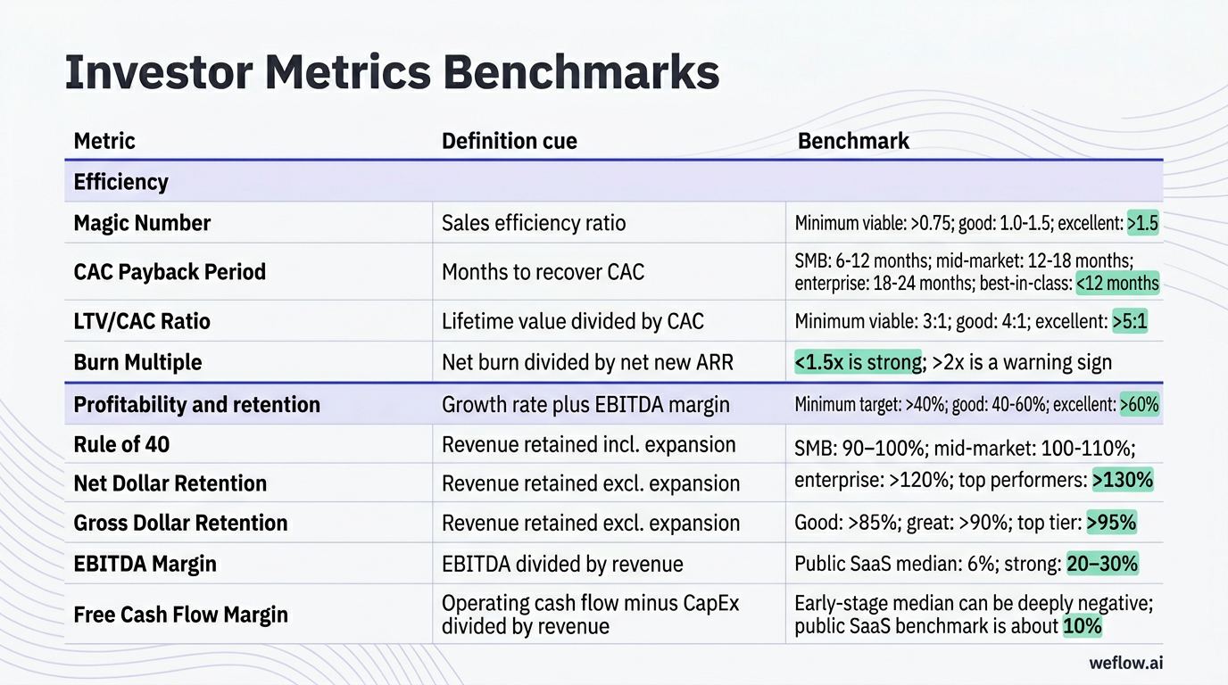 A designed benchmark matrix summarizing the investor metrics table into two grouped sections: Efficiency and Profitability and retention. Include thes