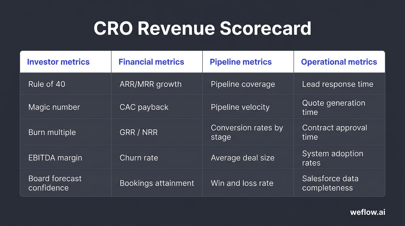 A designed four-column scorecard turning the revenue metrics table into a visual dashboard matrix. Include the four categories and all listed metrics 