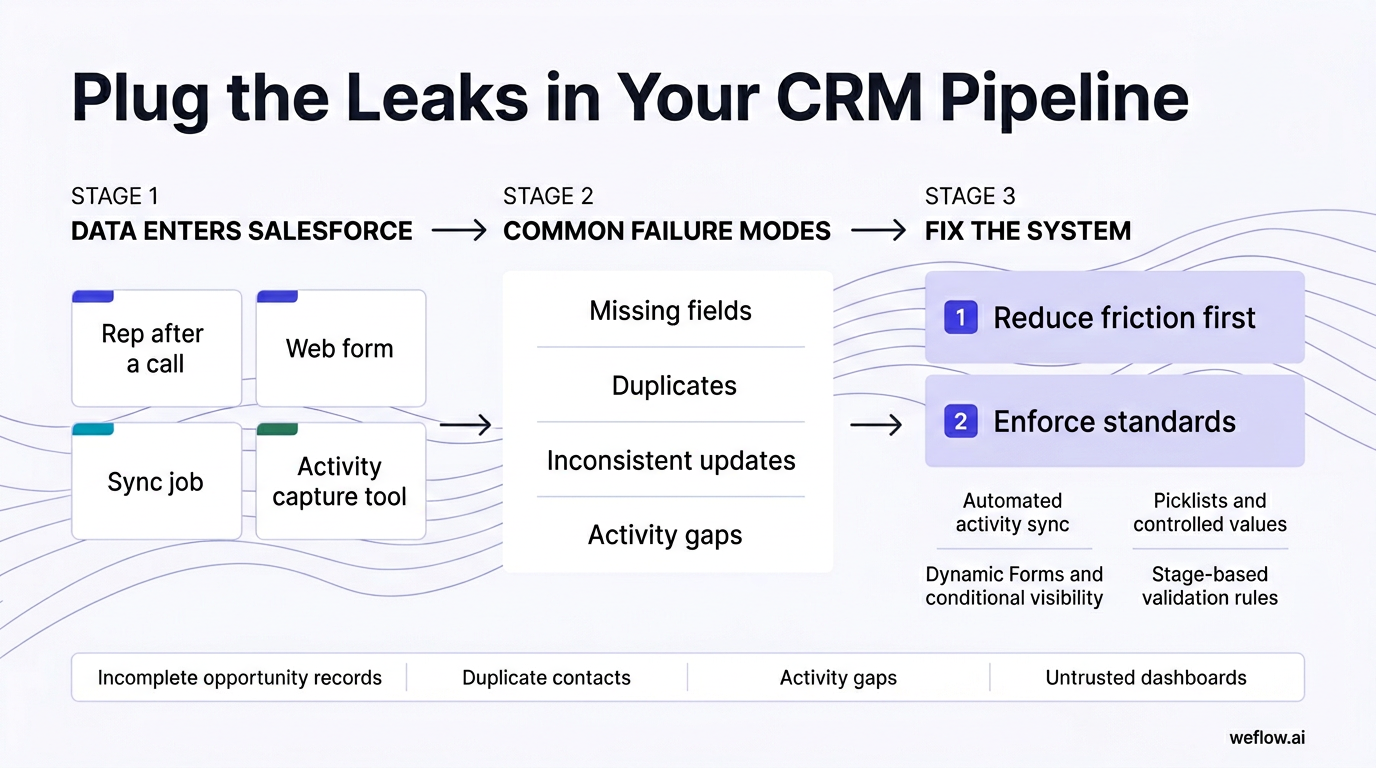 A left-to-right process diagram showing where bad data enters Salesforce and how to fix it. Use the draft’s sequence: record gets created or updated b