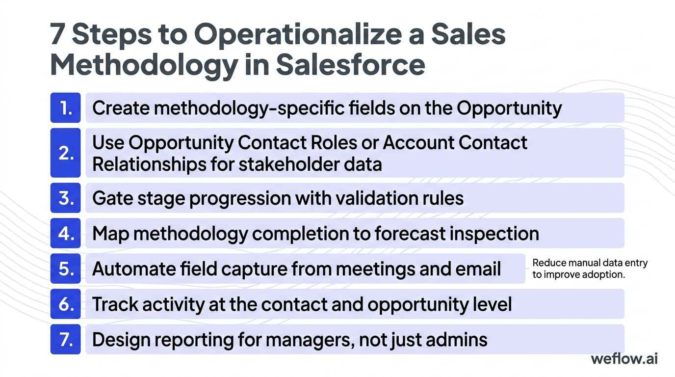 A numbered implementation checklist visual based on the seven-step Salesforce operationalization sequence in the section. It should show the exact act