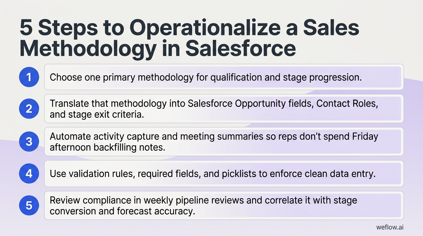 A numbered 5-step implementation checklist based directly on the ordered list in this section. Steps: 1. Choose one primary methodology for qualificat