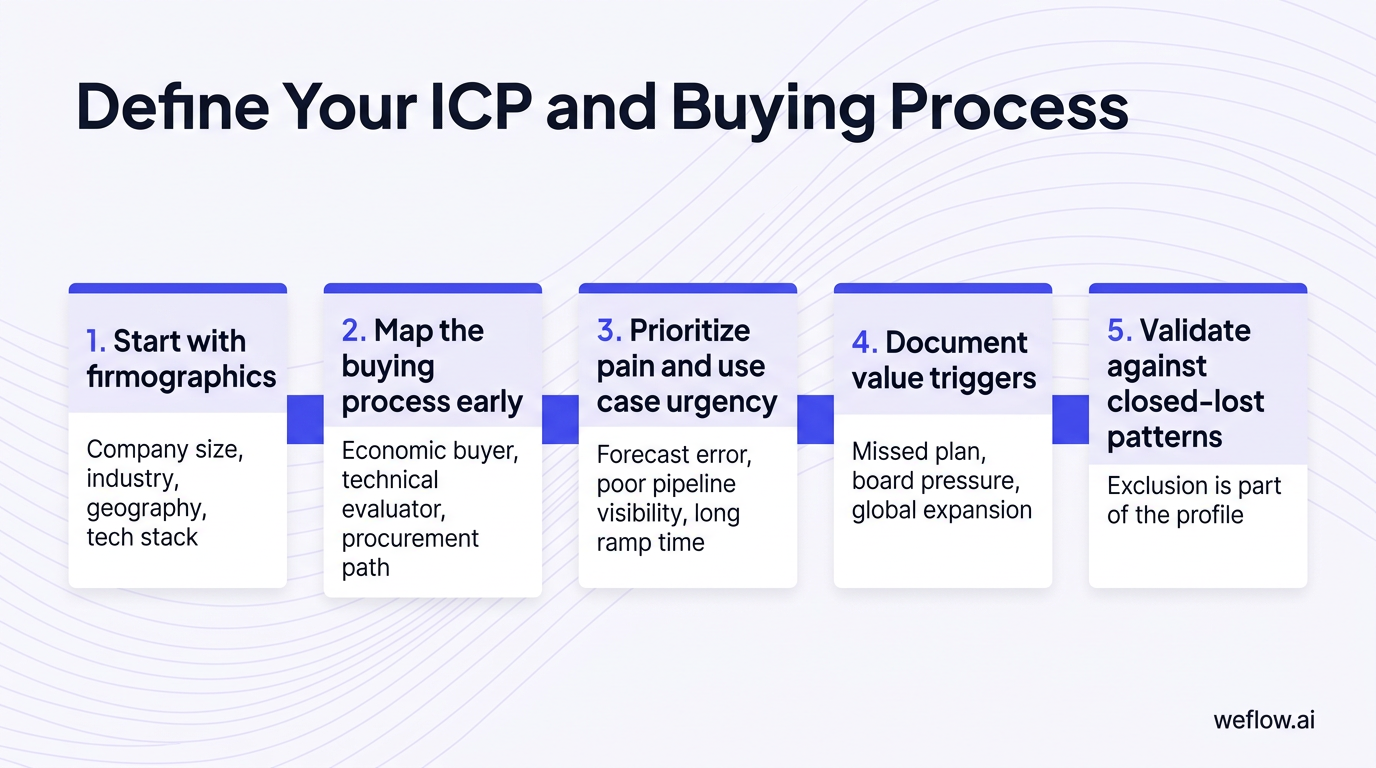 A 5-step horizontal framework showing the ICP definition sequence from the numbered list in this section: 1) Start with firmographics, 2) Map the buyi