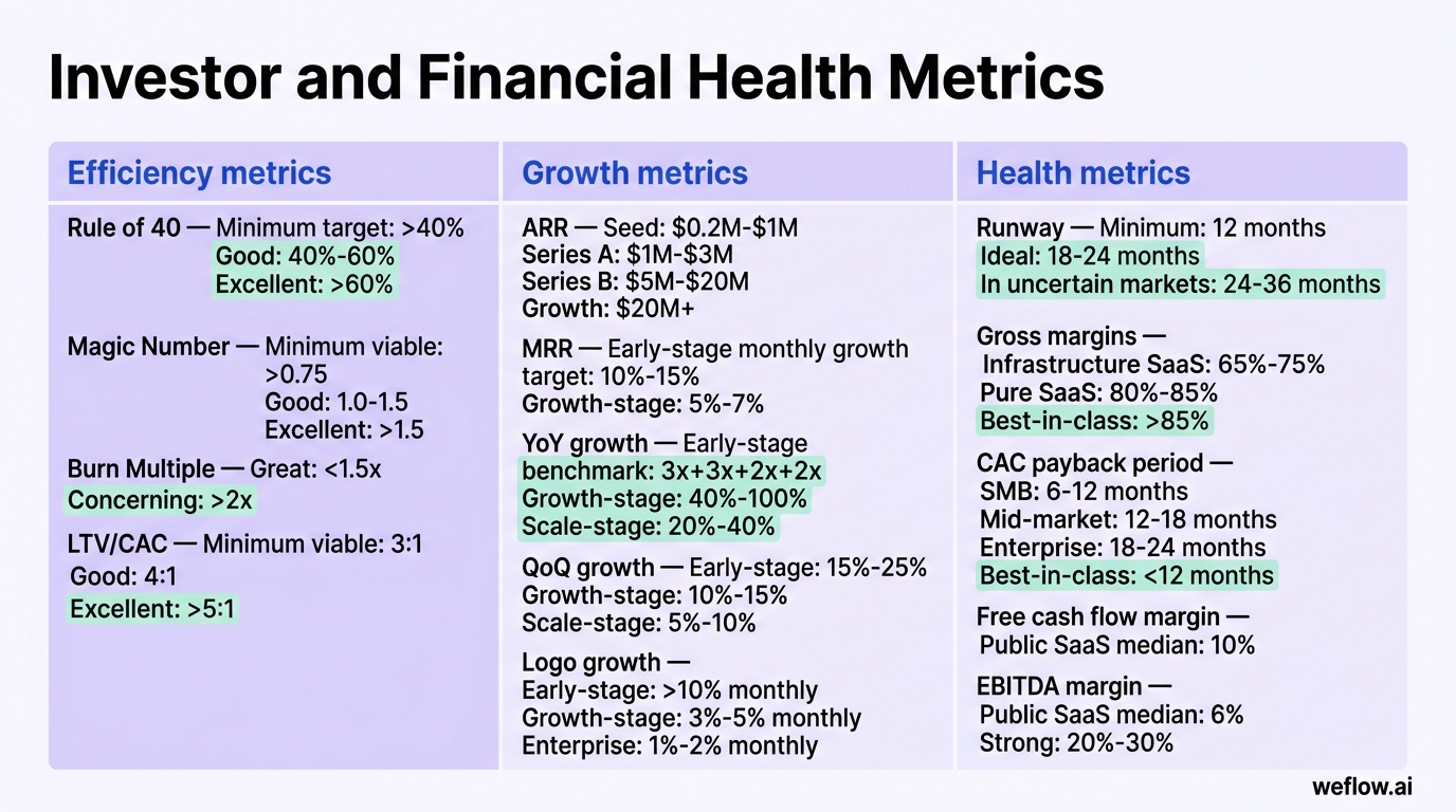 A styled three-column metric matrix summarizing the investor and financial health metrics from the section. It should group the metrics into Efficienc