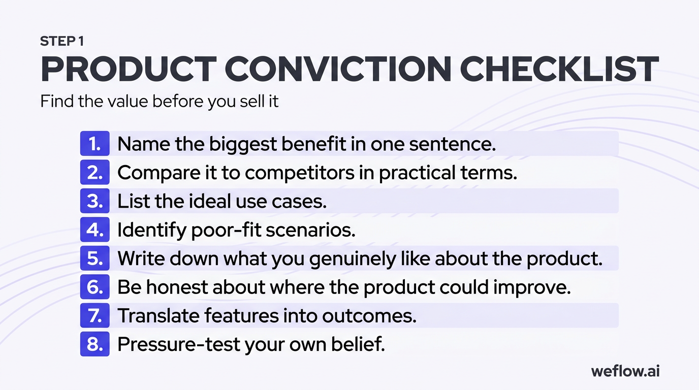 A numbered visual checklist summarizing the eight product conviction actions from the section: 1) Name the biggest benefit in one sentence, 2) Compare