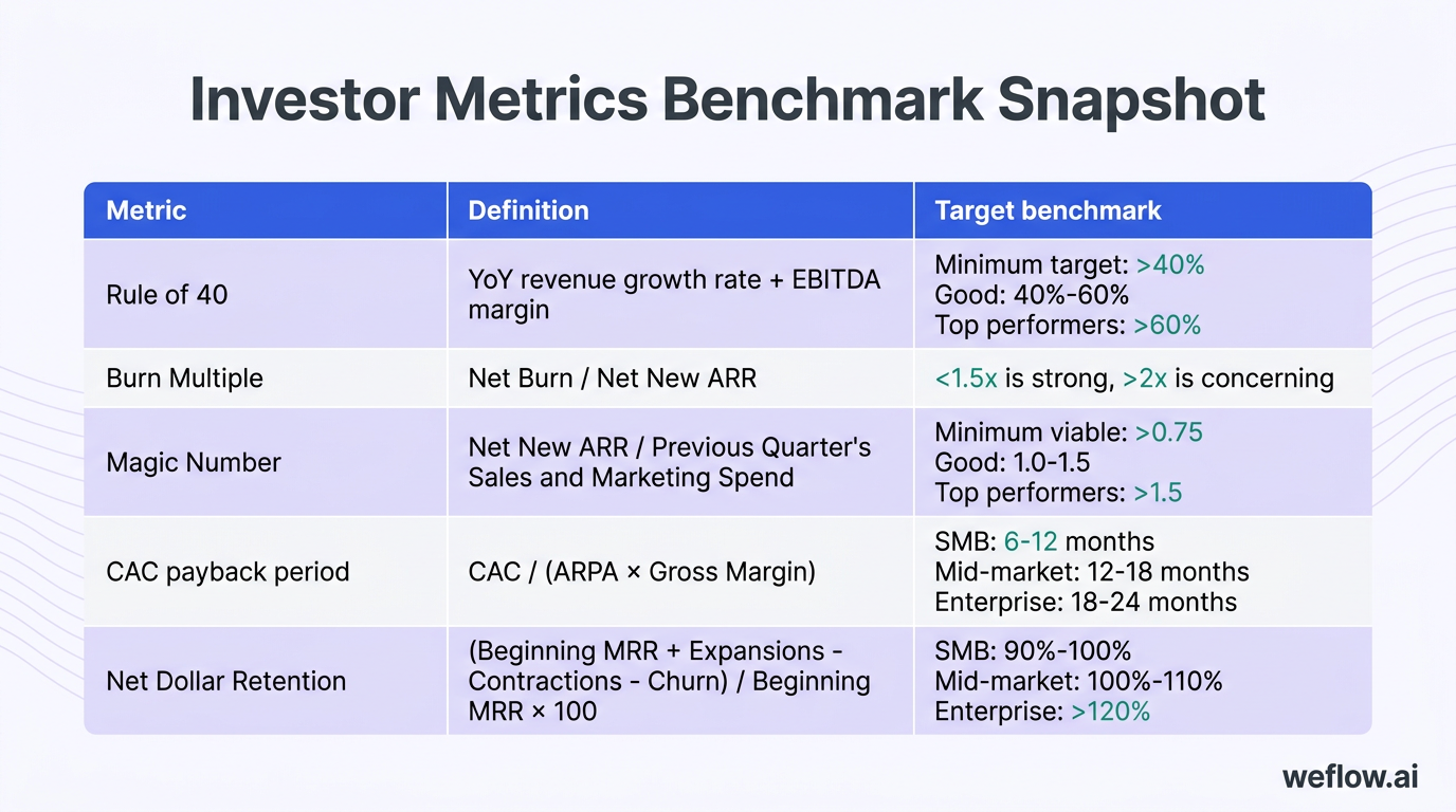 A designed benchmark table summarizing the highest-signal investor metrics from the section. Include 5 rows with columns for Metric, Definition, and T