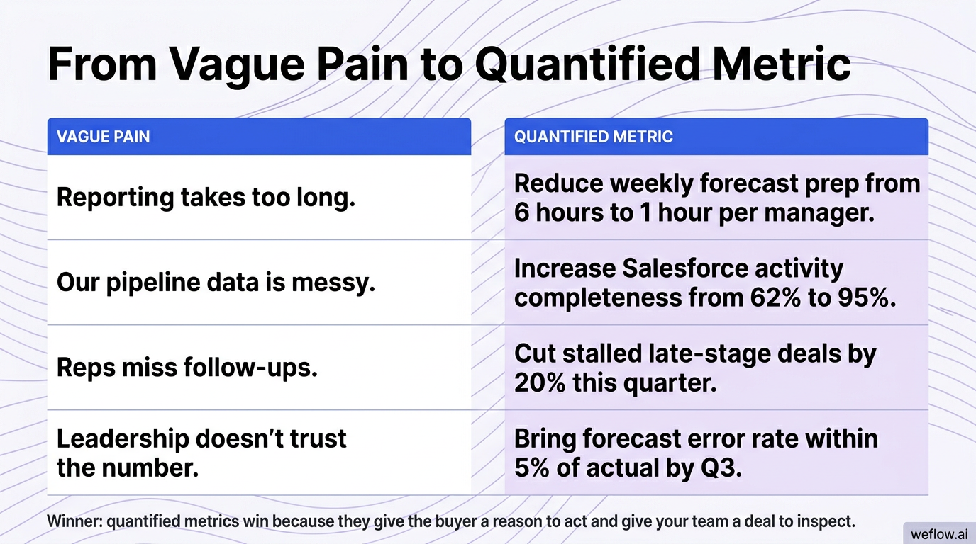 A side-by-side visual comparing vague pain statements to quantified metrics using the exact examples from the table: “Reporting takes too long.” → “Re