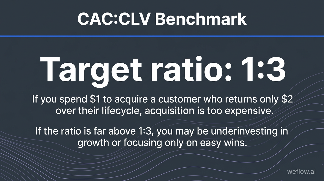 A bold takeaway card highlighting the benchmark in the section: a common target CAC:CLV ratio of 1:3. The card should also include the concise interpr