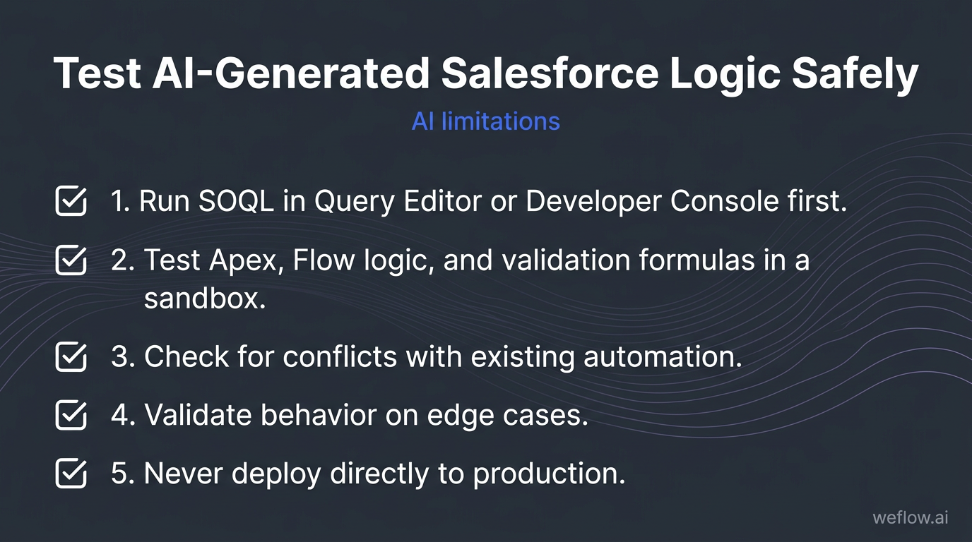 A five-step visual checklist using the exact testing guidance from the section. Show the steps as concise checklist items: run SOQL in Query Editor or