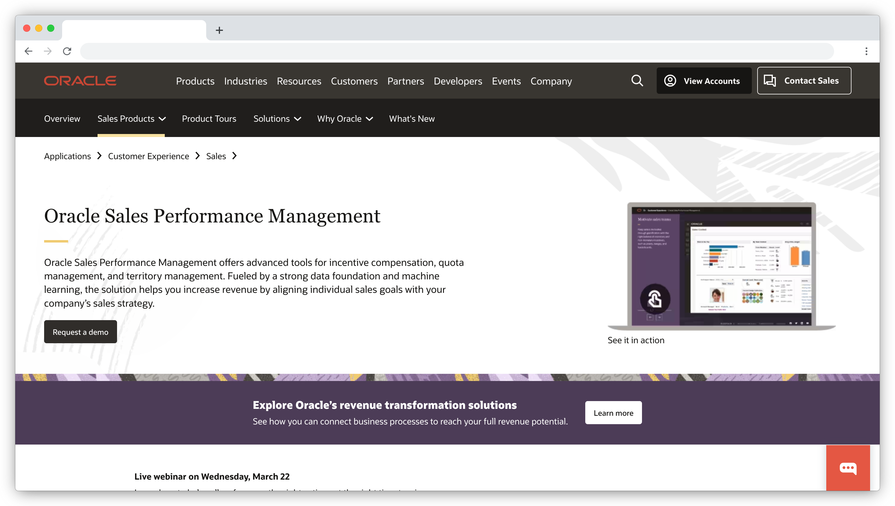 Oracle Sales Performance Management landing page