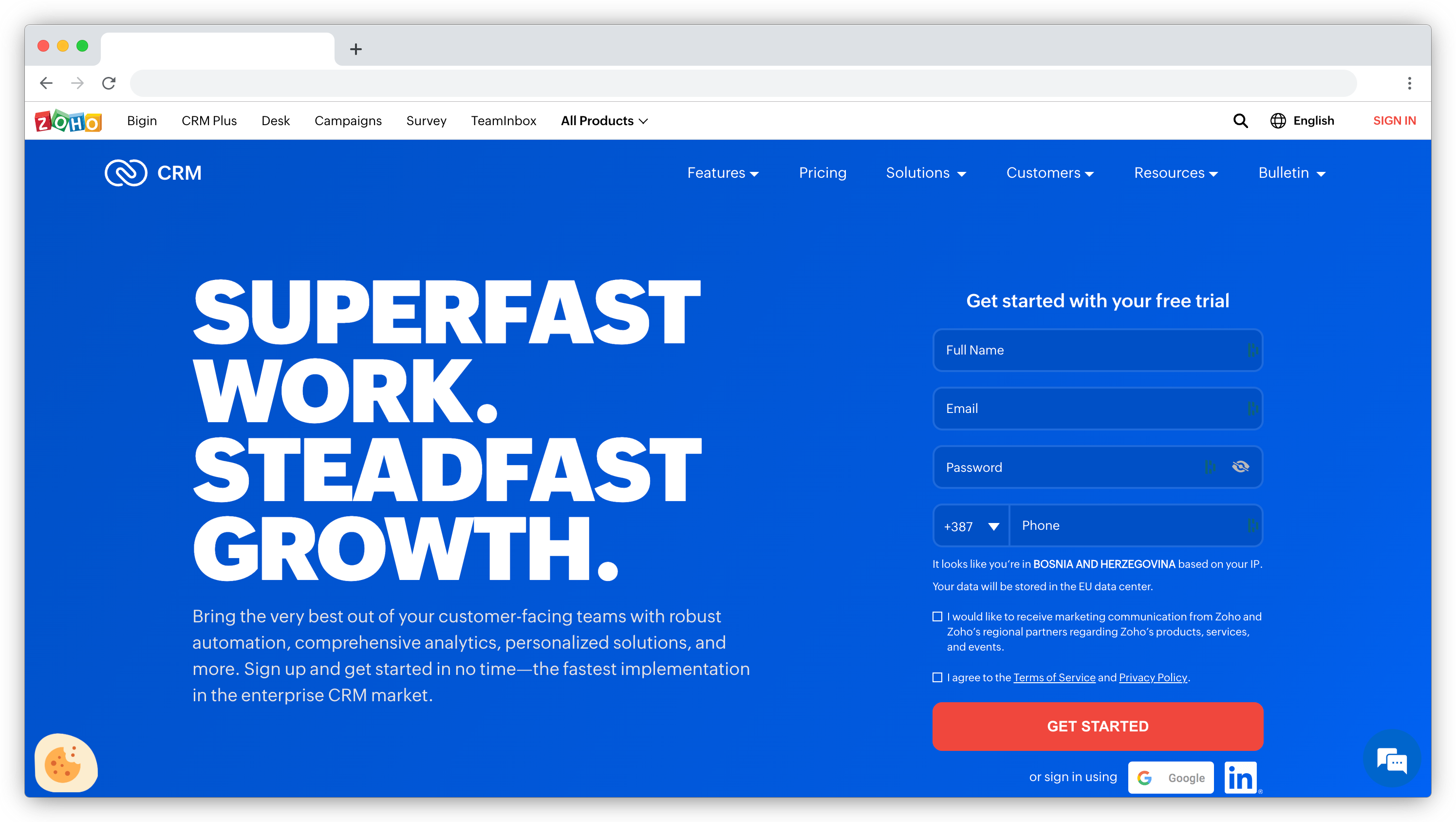Zoho CRM homepage screenshot