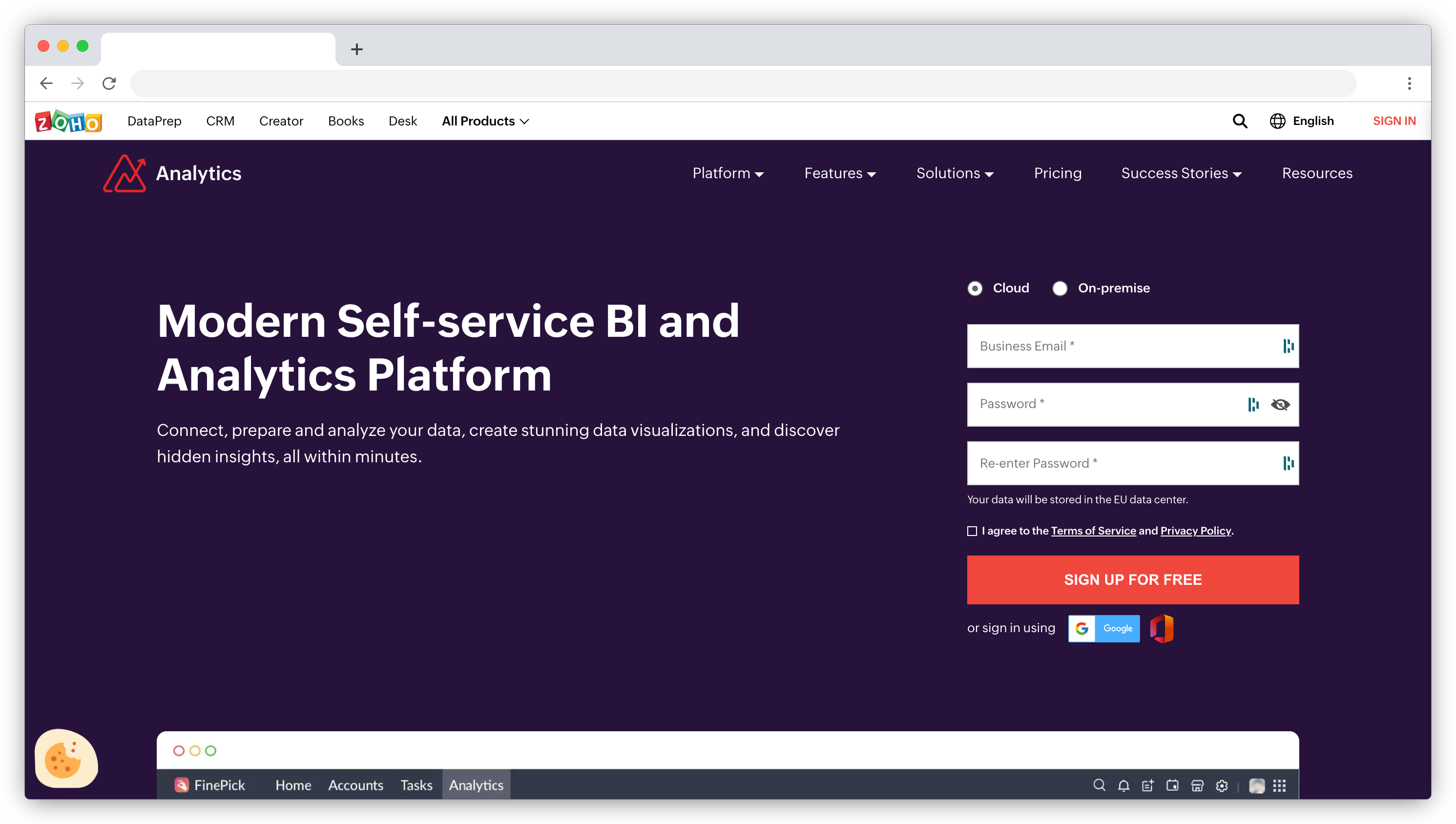 Zoho Analytics homepage screenshot