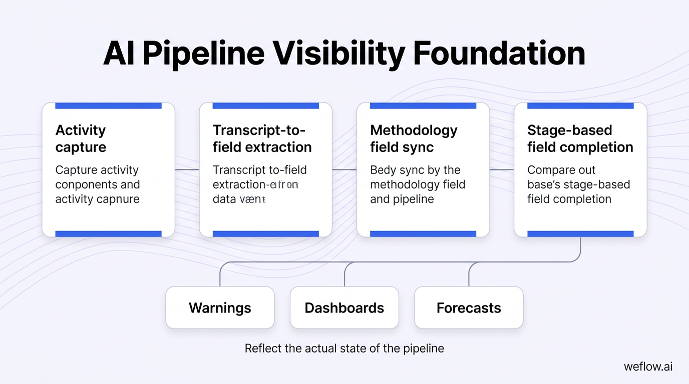 A left-to-right framework diagram showing the four foundation pillars named exactly as in the draft—activity capture, transcript-to-field extraction,